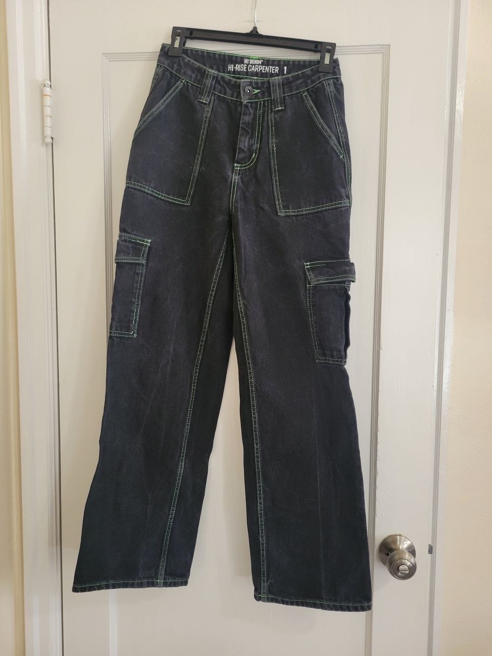 Hot Topic High Rise Black Carpenter Cargo Jeans with Lime Green Stitching